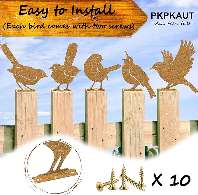5Pcs Metal Birds Robin Fence Decorations Outdoor Yard Art, Rusty Birds Fence Art Outdoor and Garden, Metal Bird Silhouette Craft Statue Ornaments Fence Topper Decor-VerdiqueGarden