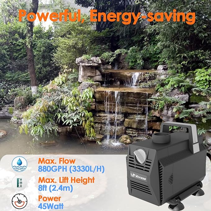 Submersible Water Pump 880GPH/45W Fountain Pumps with Flow Control, Pond Pump Submersible Outdoor with 10ft 3-Core Power cable for Hydroponics, Aquarium, Waterfall, Statuary, Water feature-VerdiqueGarden