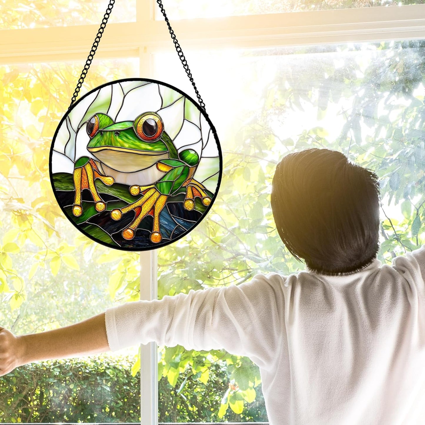 Stained Glass Window Hanging, Green Frog White Petals Sun Catchers Colorful Glass Panel Cute Suncatcher Decor for Birthday for Women, Men, Wife, Aunt, and Mom 11.8x11.8 in-VerdiqueGarden
