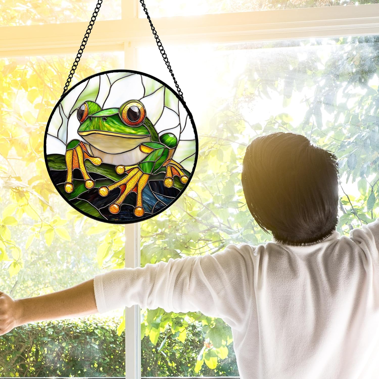 Stained Glass Window Hanging, Green Frog White Petals Sun Catchers Colorful Glass Panel Cute Suncatcher Decor for Birthday for Women, Men, Wife, Aunt, and Mom 11.8x11.8 in-VerdiqueGarden