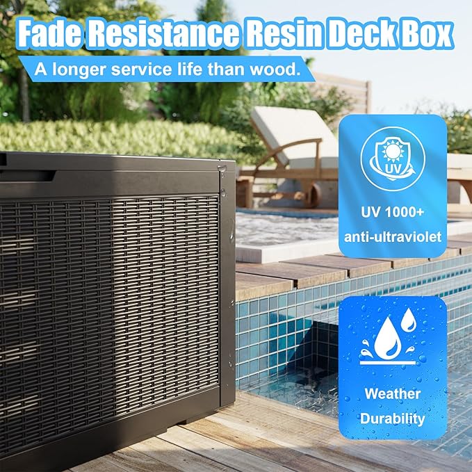 100 Gallon Deck Box,Resin Outdoor Storage Box with Lockable for Patio Furniture, Pool Accessories, Garden Tools Waterproof Outside Storage Box, Black-VerdiqueGarden