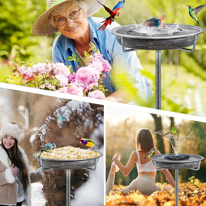 Metal Bird Bath for Outdoors Garden Birdbath Bowl, 36.2" Height Freestanding Bird Feeders for Outside with 4 Prongs Base Stake, Standing Birdfeeders for Yard Lawn Decor (Retro Silver)-VerdiqueGarden