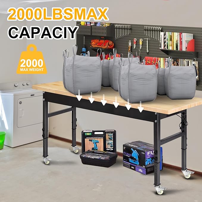 60" Adjustable Work Bench, Rubber Wood Top Workbench Heavy-Duty Work Table with Power Outlet with Wheels, 2000 LBS Load Capacity Hardwood Work Benches for Garage, Workshop, Home, Office, Easy Assembly-VerdiqueGarden