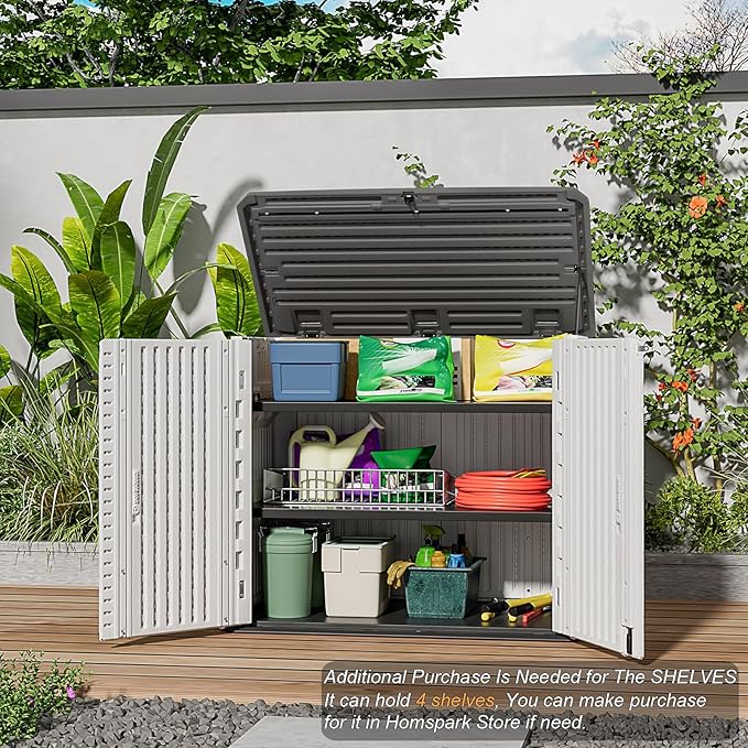 HOMSPARK Storage Shed Weather Resistance, Multi-Purpose Outdoor Storage Cabinet for Backyards and Patios, Horizontal Storage Shed for Lawnmower, Patio Accessories (Off-White, Large - 48 cu.ft)-VerdiqueGarden