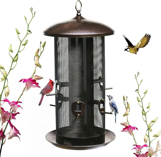 Nature's Rhythm Metal Hopper Bird Feeder, Dual Seed Compartments, 10 Feeding Ports, Holds 10lbs Seed, Attracts Cardinals, Titmice, Nuthatches-VerdiqueGarden