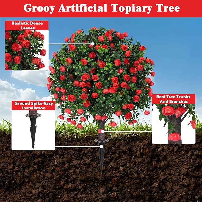 Artificial Boxwood Topiary Tree with Rose, Set of 2 Artificial Shrub Bushes with Ground Spike, Fake Evergreen Tree for Porch, Artificial Plants for Outdoor Planters Indoor UV Resistant-VerdiqueGarden