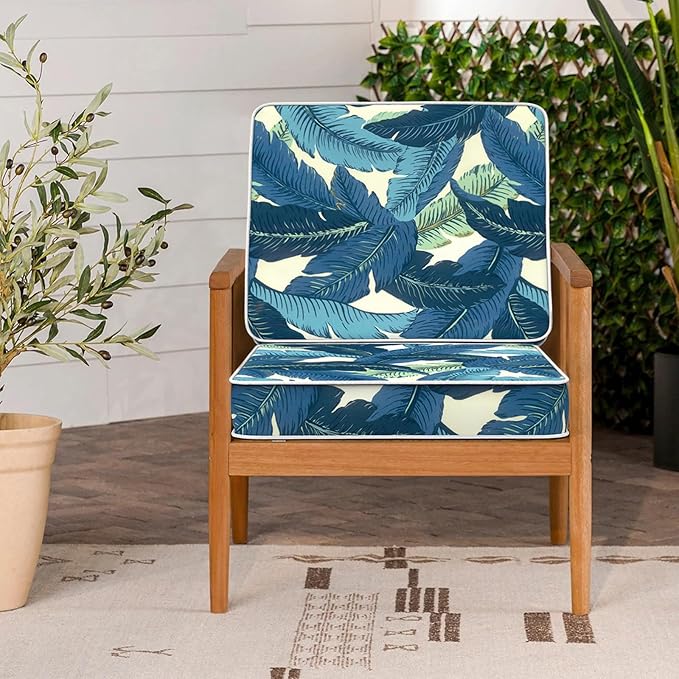 LVTXIII Patio Chair Cushions 22"x22"x3", Water-Repellent Outdoor Seat Cushions for Patio Furniture, Square Chair Pads with Ties for Home Garden Decoration, Set of 2, Swaying Palms Blue-VerdiqueGarden