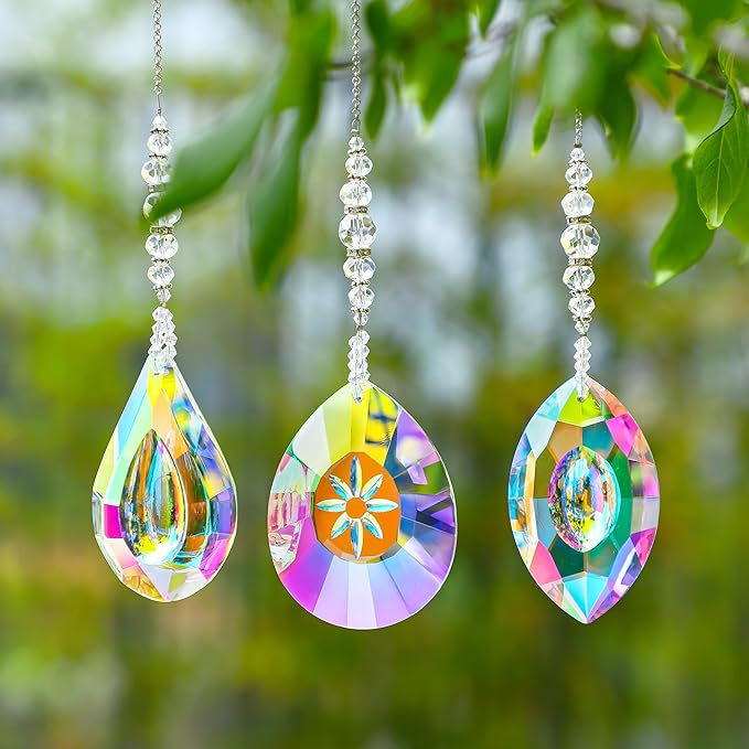 HDCRYSTALGIFTS Pack of 3 Crystal Suncatchers,AB Colored Sun Catchers with Crystals for Window Hanging Rainbow Maker Prisms Suncatchers Indoor Outdoor Decorations Ornaments-VerdiqueGarden