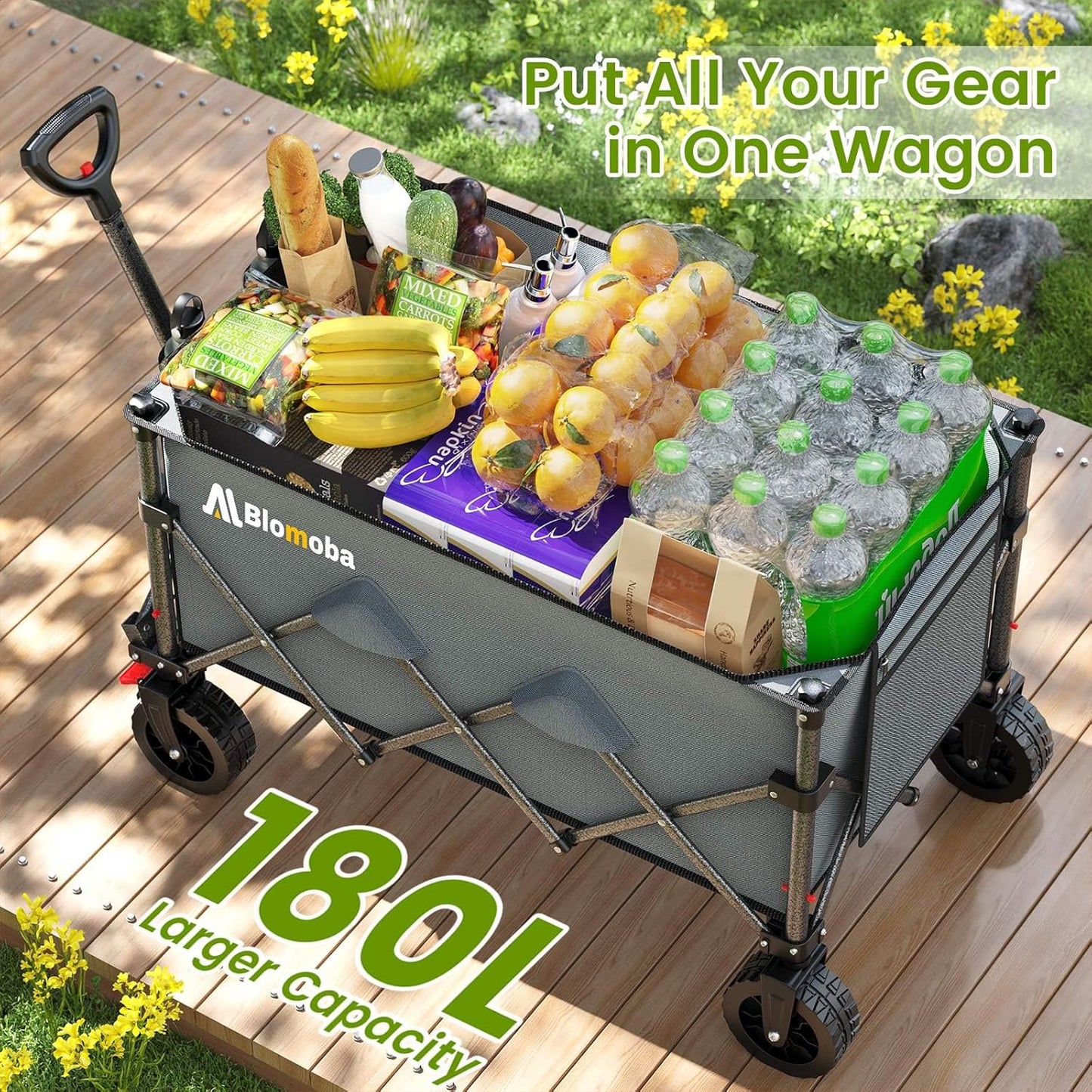 Collapsible Wagon Cart with Wider Wheels, 330lbs Heavy Duty Foldable Beach Wagon with Auto-Rebound Handle, 180L Utility Grocery Shopping Cart for Garden, Shopping, Camping, Sports, Gray-VerdiqueGarden