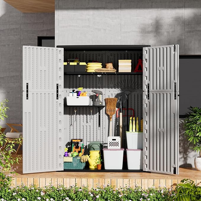 Outdoor Storage Shed Waterproof,Resin Storage Sheds Outdoor with Floor,Outdoor Storage Cabinet for Garage Storage, Pool Storage, Bike, Garden (57Cu.ft)-VerdiqueGarden