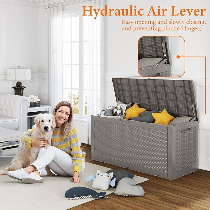 100 Gallon Resin Deck Box, Lockable Patio Outdoor Storage Box for Furniture, Garden Tools and Tools Storage, Waterproof Outside Storage Boxes - Grey-VerdiqueGarden