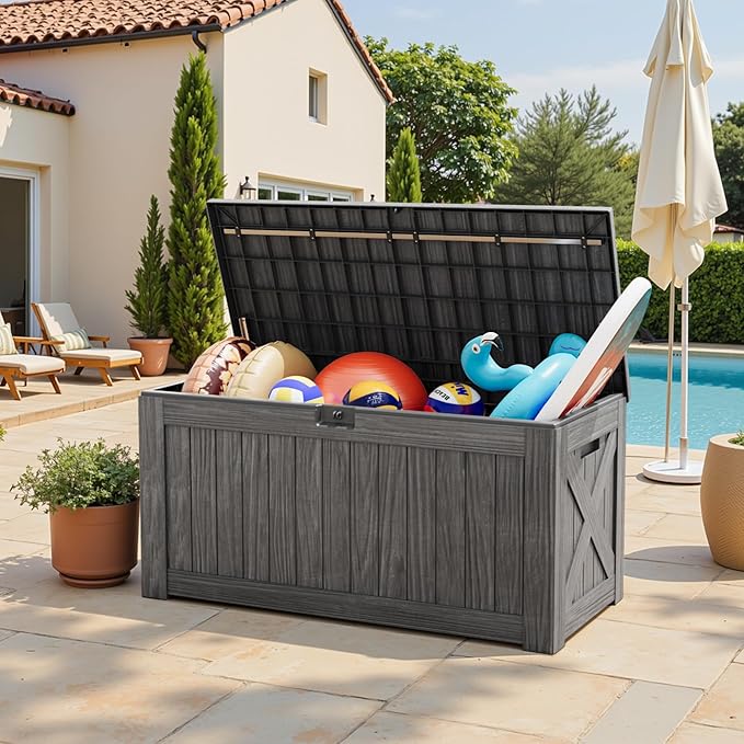 Greesum 120 Gallon Outdoor Storage Box with Lock - Large Resin Deck Box, Reinforced Lid for Garden, Patio, Lawn, Gray-VerdiqueGarden