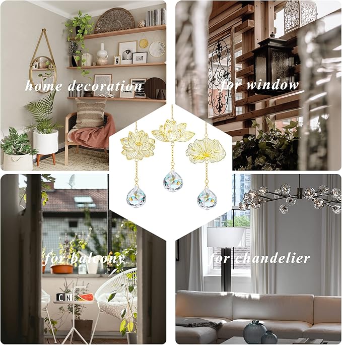 H&D HYALINE & DORA Suncatchers Lotus Leaf Pendant with Crystal Prisms Window Hang Sun Catcher Ornament Rainbow Maker for Home Garden Rearview Mirror Charms, Pack of 3-VerdiqueGarden