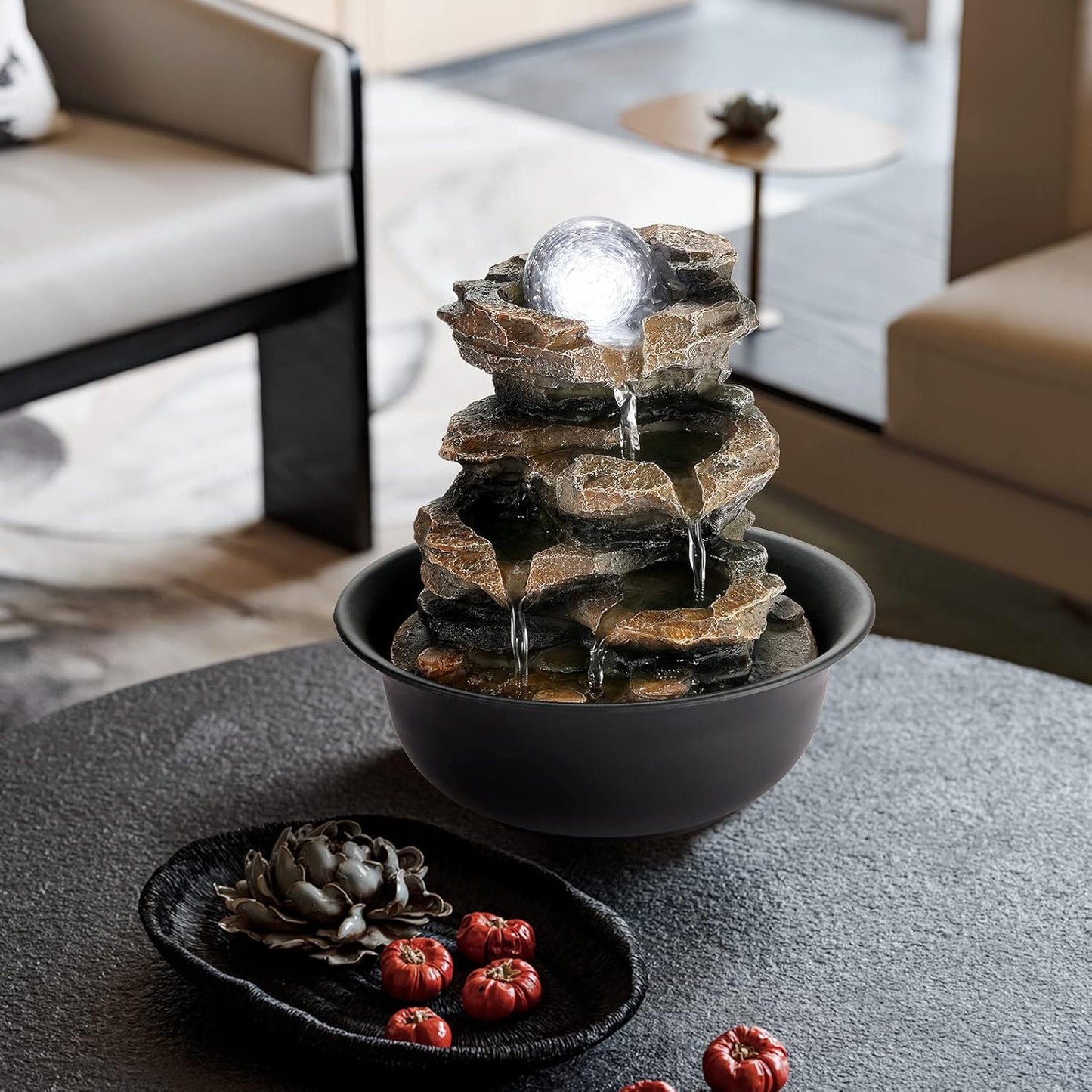 WICHEMI Indoor Fountains Tabletop Fountain Waterfall Fountain Indoor Water Feature Stacked Rocks Feng Shui Zen Meditation Relaxation Desktop Fountain with LED Light for Home and Office Decor(Style 5)-VerdiqueGarden