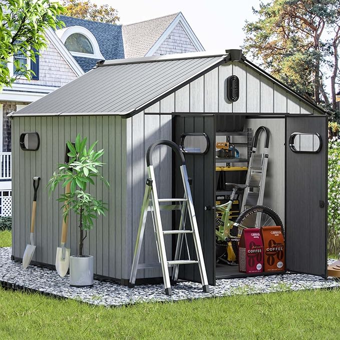 Aoxun 10X8FT Outdoor Shed with Floor, Resin Storage Shed with Lockable Door, Garden Utility Tool Shed Storage House for Backyard, Patio, Lawn-VerdiqueGarden