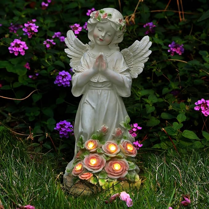 Garden Decor Angel Statue, Outdoor Patio Garden Sculptures & Statues, Solar Yard Decorations Lawn Ornaments Figurines for Outside-VerdiqueGarden