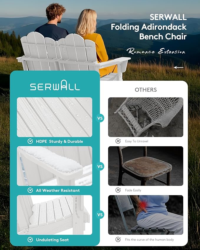 SERWALL Folding Adirondack Bench, HDPE All-Weather Adirondack Loveseat, 660 lbs Capacity, Foldable Outdoor Patio Bench for Deck, Lawn, Garden, White-VerdiqueGarden