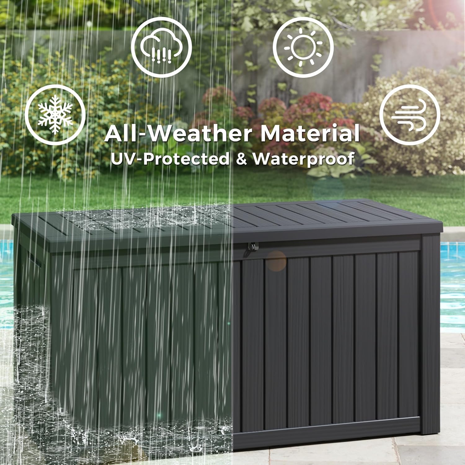 150 Gallon Resin Deck Box, Large Indoor and Outdoor Storage Box, Weatherproof and UV Resistant Outdoor Storage Box with Built-in Steel Beams for Patio, Cushions, Pool Supplies-VerdiqueGarden