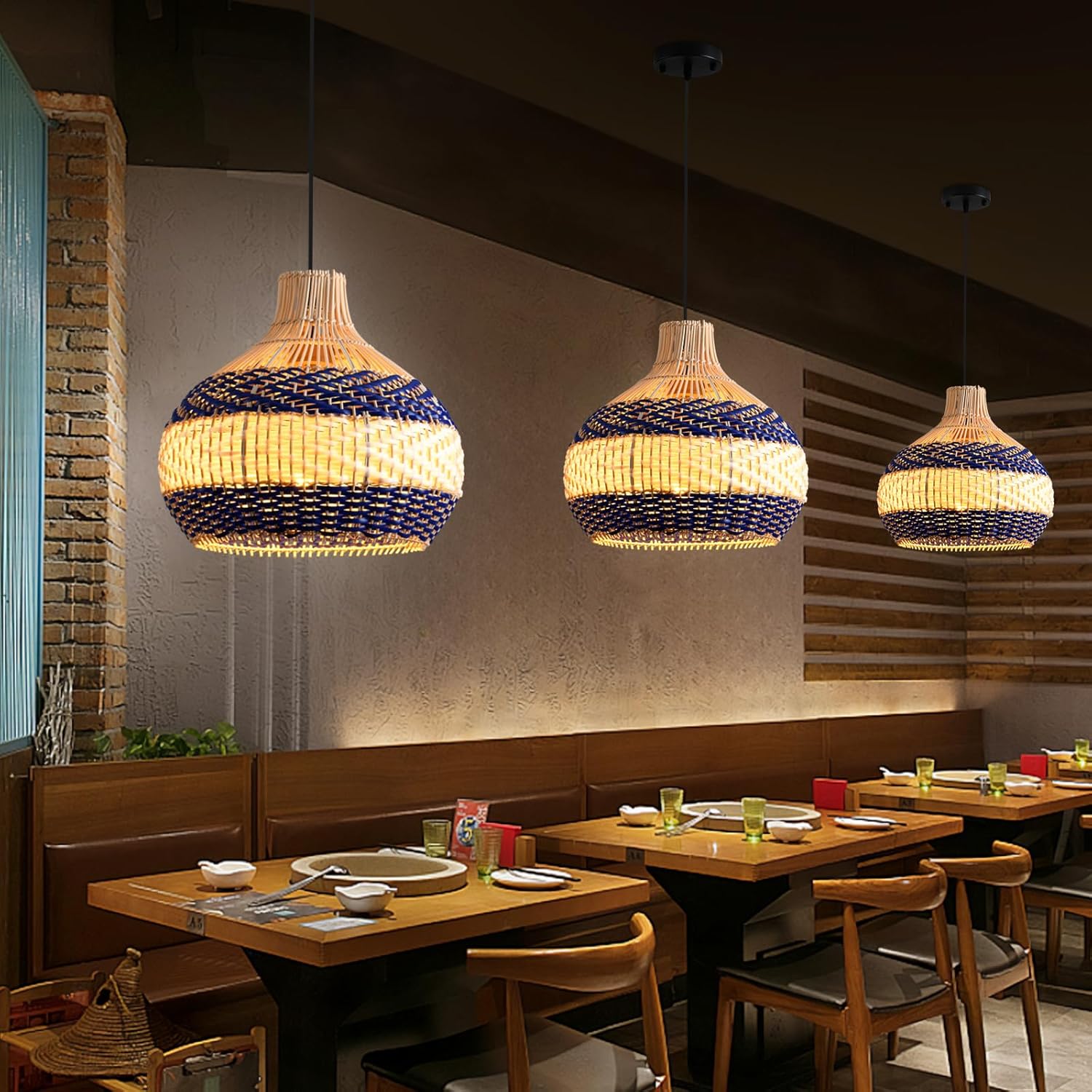 3-Light Rattan Pendant Light 15" Hand-Woven Blue White Wicker Basket Chandelier Boho Faux Rattan Hanging Light,for Living Room Bedroom Kitchen Hallway Dining Farmhouse 1-Pack-VerdiqueGarden