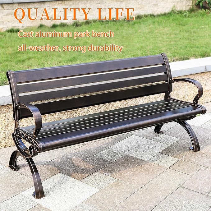 Outdoor Bench Chair Cast Aluminum Garden Bench Patio Bench All-Weather Park Bench for Backyard Porch Lawn (150cm Armless Park Bench)-VerdiqueGarden