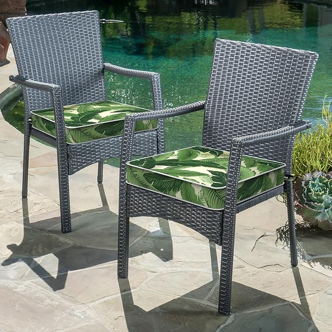 LVTXIII Patio Chair Cushions 19"x19"x3", Water-Repellent Outdoor Seat Cushions for Patio Furniture, Square Chair Pads with Ties for Home Garden Decoration, Set of 2, Swaying Palms Green-VerdiqueGarden