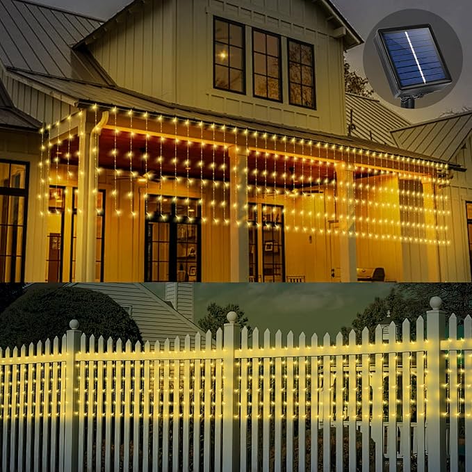 32.8 * 3.28FT Large Size Solar Curtain Lights Outdoor, 8 Modes Icicle Lights, Garden Christmas Decortions for Patio, Gazebo, Eaves, Fence, Tree, Porch (Warm White)-VerdiqueGarden