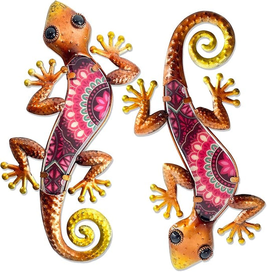 HONGLAND Metal Outdoor Wall Decor 2Pcs Gecko Wall Decoration Lizard Metal Hanging Wall Art Glass Sculpture for Garden Yard Patio Fence (Red)…-VerdiqueGarden