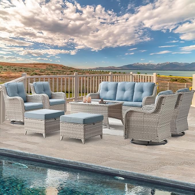 Wicker Patio Furniture Sets - 8 Piece Outdoor Rattan Furniture Conversation Sets with 4 Swivel Rocker Chairs, Rattan Sofa, Wicker Ottomans and Coffee Table, Light Grey/Baby Blue-VerdiqueGarden