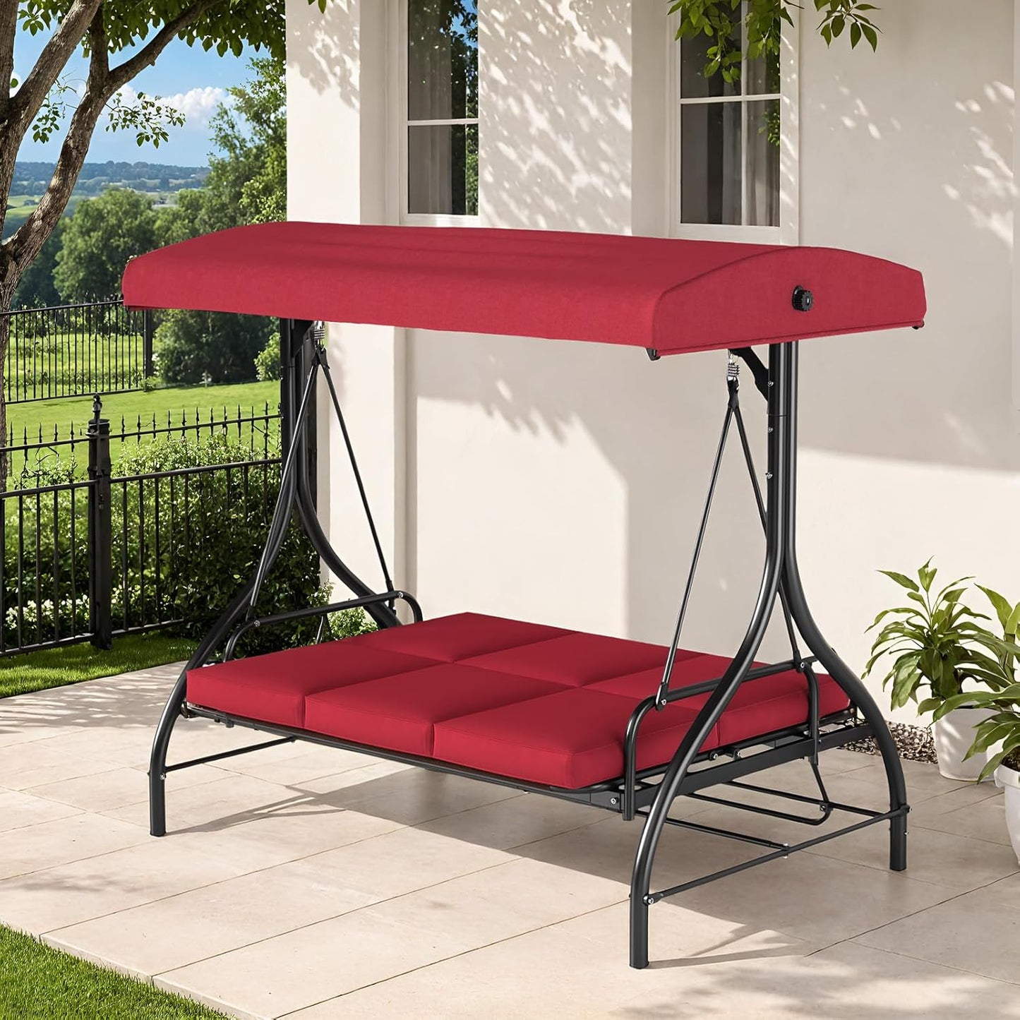 TLSUNNY 3-Seat Outdoor Patio Porch Swing with Adjustable Canopy & Backrest, Convertible Glider Bed with Stand, Removable Seat Cushion, 45° Tilt Adjustment for Backyard, Poolside, Balcony - 750LBS-VerdiqueGarden
