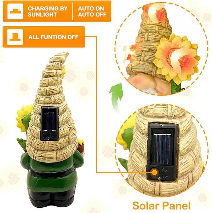 Uniboho Garden Gnome Statue Outdoor Garden Decor Large Resin Sunflower Gnome Holding Honey Jar with Solar Bee Lights for Garden Yard Decorations Patio Lawn Outside Porch Lawn Decor Gnomes Gifts 12"-VerdiqueGarden