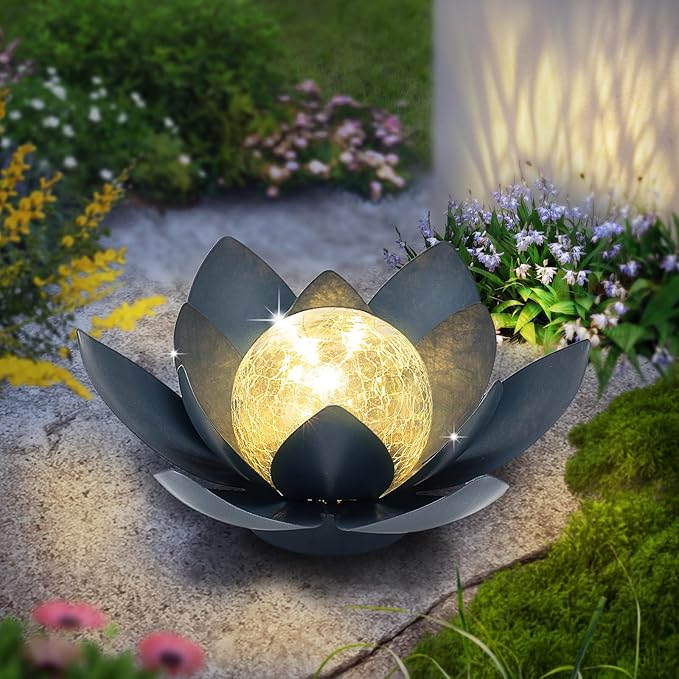 Huaxu Solar Lights Outdoor Garden Decor Crackle Glass Globe Lotus Flower Gray Metal Waterproof Light for Patio, Lawn, Walkway, Tabletop, Ground,Christmas Gifts for Mom,Women-VerdiqueGarden