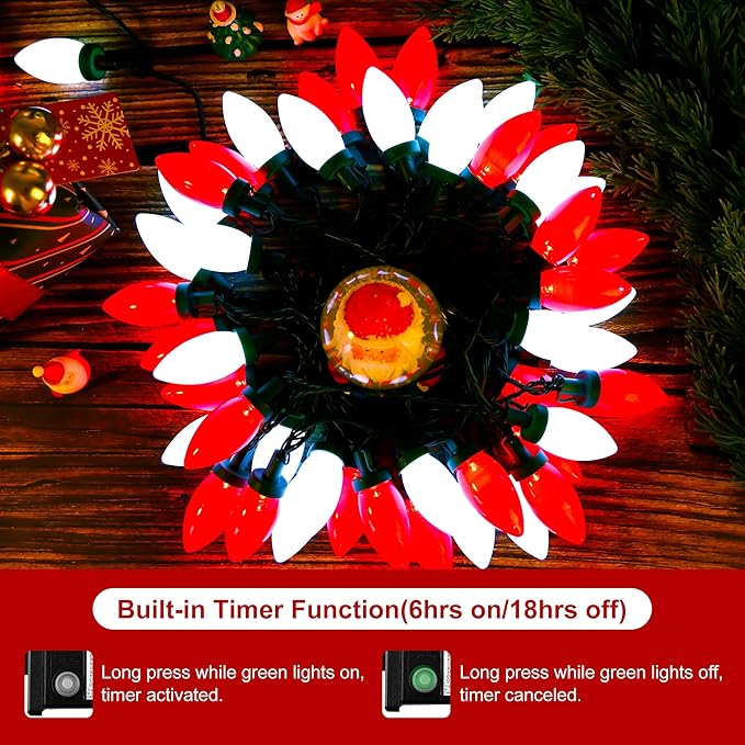 C9 Bulbs Classic Christmas Lights - 50 LED 32ft Strawberry String Light Red&White - Extendable 8 Modes Funtion with Timer Fairy Lighting for Outdoor, Indoor, Party, Home, Tree Decorations-VerdiqueGarden
