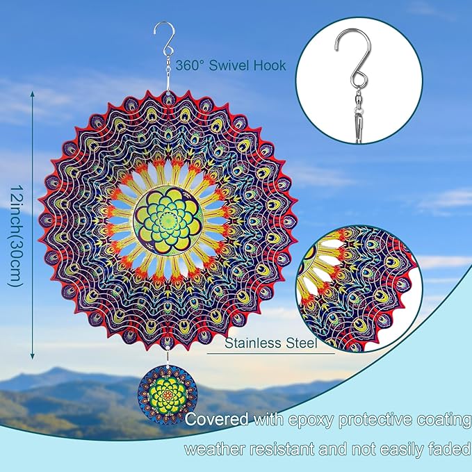 TUOKING Wind Spinners Outdoor Peacock Feathers 3D Metal Hanging Art Wind Sculptures 12 Inch Stainless Steel for Yard and Garden Decoration Worth Gift for Women-VerdiqueGarden