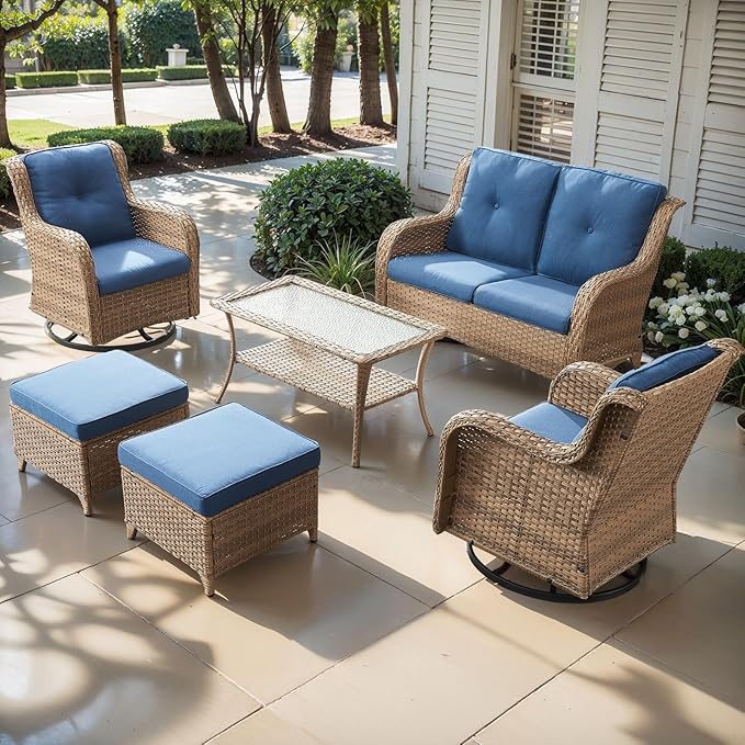 Outdoor Wicker Patio Furniture Set - 6 Piece Rattan Patio Conversation Set with 2 Rocking Swivel Chairs,2 Ottomans,1 Loveseat and 1 Coffee Table for Porch Deck Backyard Garden(Yellow/Blue)-VerdiqueGarden