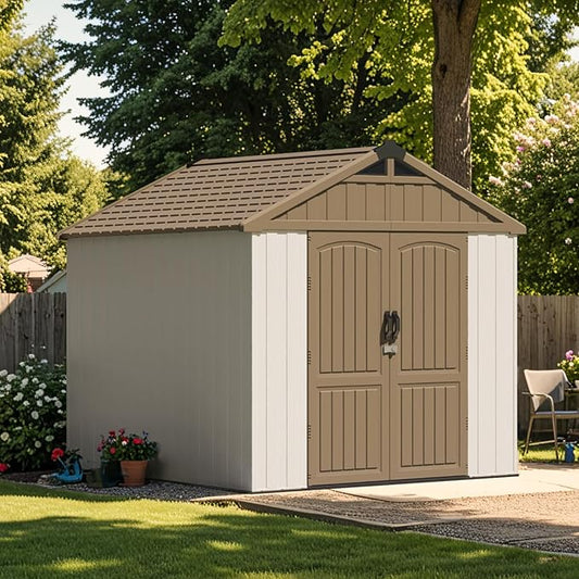 Patiowell 8 x 8 FT Plastic Outdoor Storage Shed with Floor, Resin Shed with Window and Lockable Door for Garden, Backyard, Tool Storage Use, Easy to Install in Brown (Kick-it Shed)-VerdiqueGarden