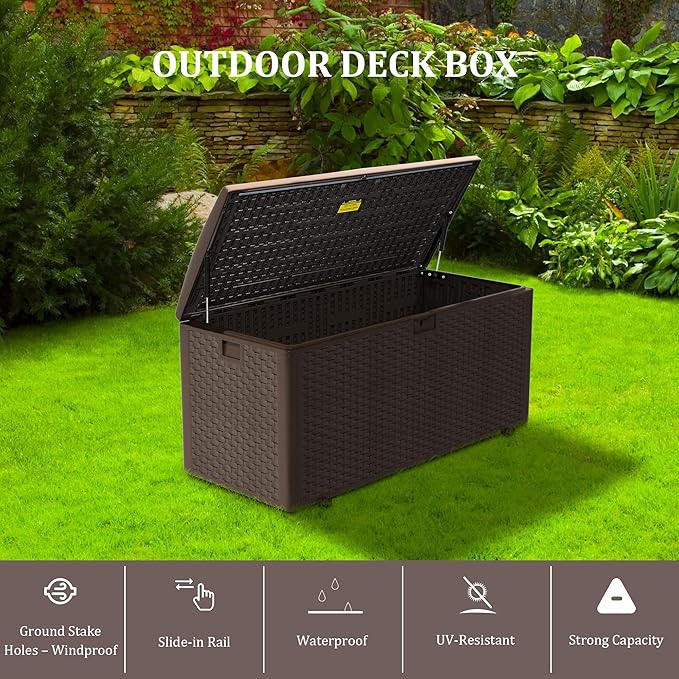 180 Gallon Pro Outdoor Storage Box Waterproof Lockable Resin Deck Box Large, Patio Storage Bin for Pool Accessories Cushion Furniture, Garden Tools, UV-Resistant Outside Delivery Brown-VerdiqueGarden