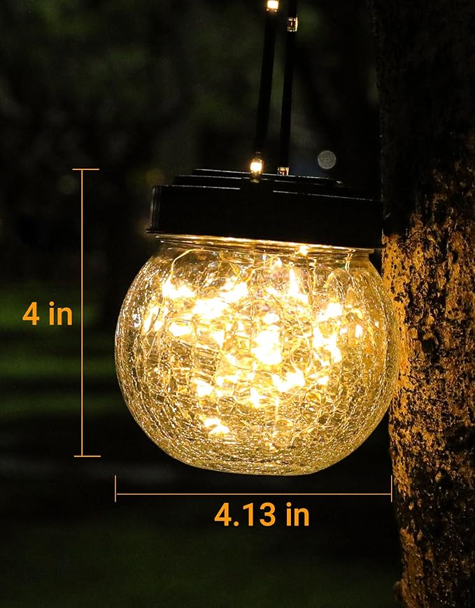 Solar Lantern Solar Lights Outdoor Waterproof 2-Pack, Solar Powered Hanging Lights Cracked Glass Hanging Globes for Christmas Decoration, Shepherd Hook, Garden Tree Ornaments-VerdiqueGarden