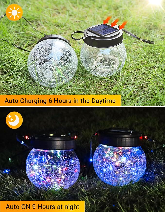 PARTPHONER Solar Lantern Solar Lights Outdoor Waterproof 6-Pack, Solar Powered Hanging Lights Cracked Glass Hanging Globes for Christmas Decoration, Shepherd Hook, Garden Tree Ornaments, Multi-Color-VerdiqueGarden