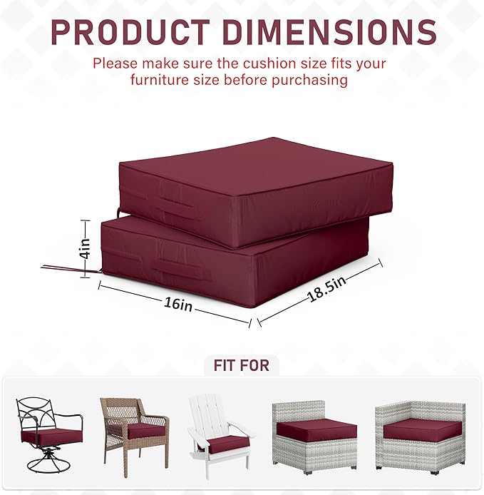 Patio Chair Cushions 18.5 X 16 X 4 Inch Waterproof Outdoor Seat Cushions for Patio Furniture, Outdoor Sofa Couch Pads with Ties & Handle, Set of 2, Burgundy-VerdiqueGarden