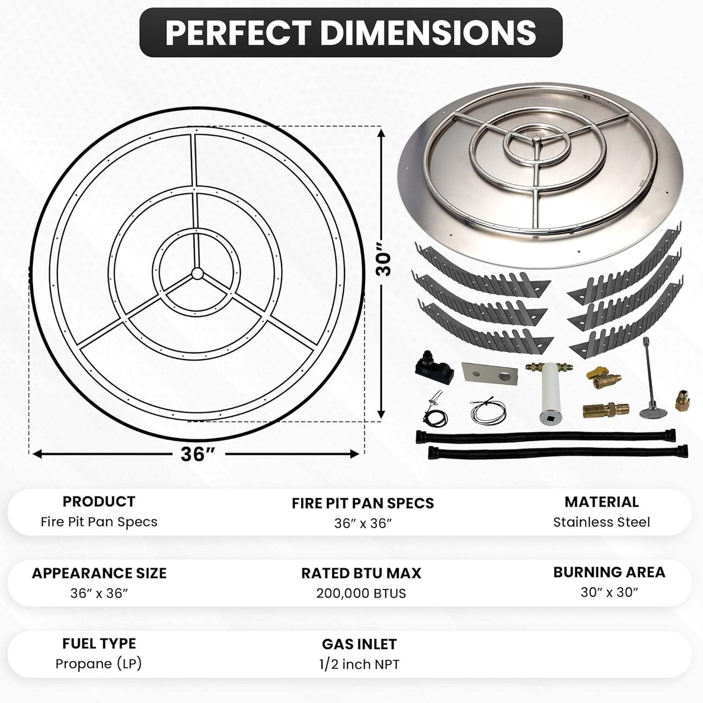 Stainless Steel Fire Pit Burner Pan & Ring Pro Kit for Liquid Propane, 36-Inch Pan, 30-Inch Ring, 200,000 BTU Max-VerdiqueGarden