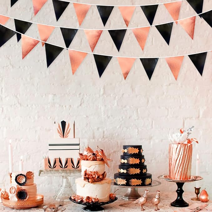 Black Rose Gold Party Decorations Triangle Pennant Banner Flag Rose Gold Black Metallic Fabric Bunting Garland for Graduation Birthday Wedding Engagement Bachelorette Celebration Hen Party Supplies-VerdiqueGarden