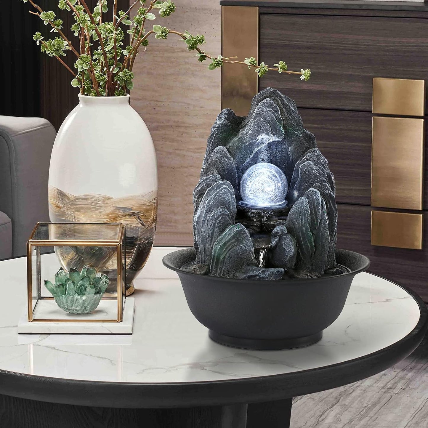 WICHEMI Water Fountains Indoor Waterfall Fountain Tabletop Fountain with LED Rolling Ball Stacked Rocks Indoor Water Feature Zen Meditation for Home and Office Indoor Spaces Decor (Style 19)-VerdiqueGarden