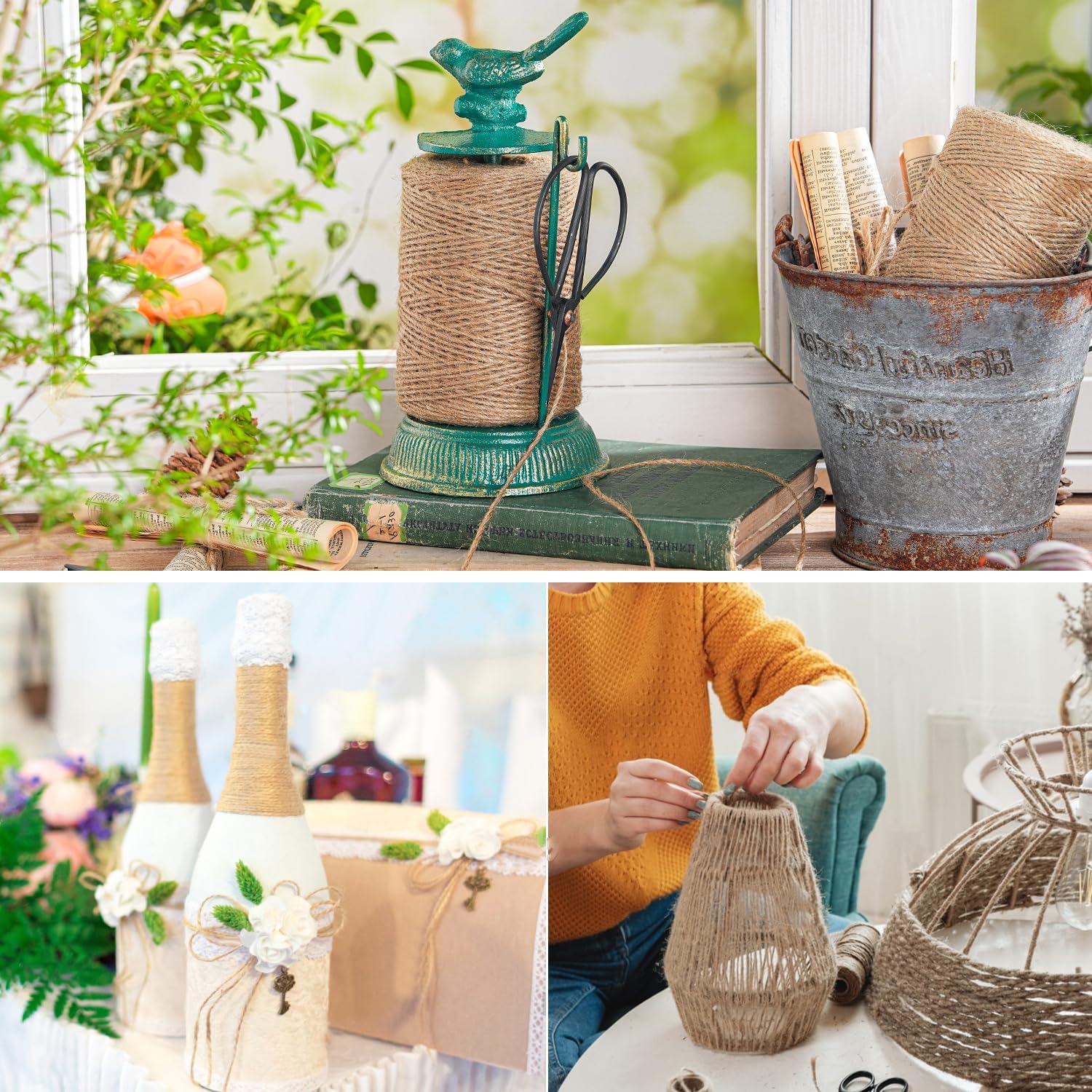 Sungmor Cast Iron Garden Twine Holder Set - 1300ft. Natural Jute Twine String & Rope Rack & Scissors - Decorative & Practical Home Arts Crafts Tools for Picture Display Gift Wrapping Packing Gardening-VerdiqueGarden