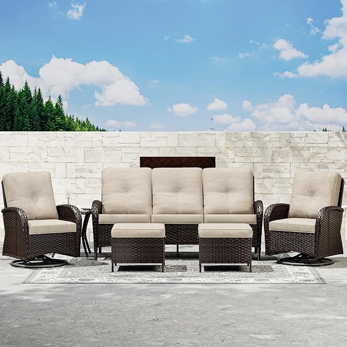 Joyside 6 Piece Patio Furniture Set, Outdoor Wicker Conversation Sets with Swivel Rocker Chairs and Sofa, Thick Cushion, Rattan Patio Sectional for Porch, Deck Use (Brown/Beige, 6 PCS)-VerdiqueGarden