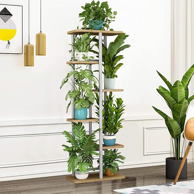 LINZINAR Plant Stand 6 Tier 7 Potted Multiple Flower Pot Holder Shelf Indoor Outdoor Planter Display Shelving for Patio Garden Corner Balcony Living Room (6 Tier-7 Potted, White)-VerdiqueGarden