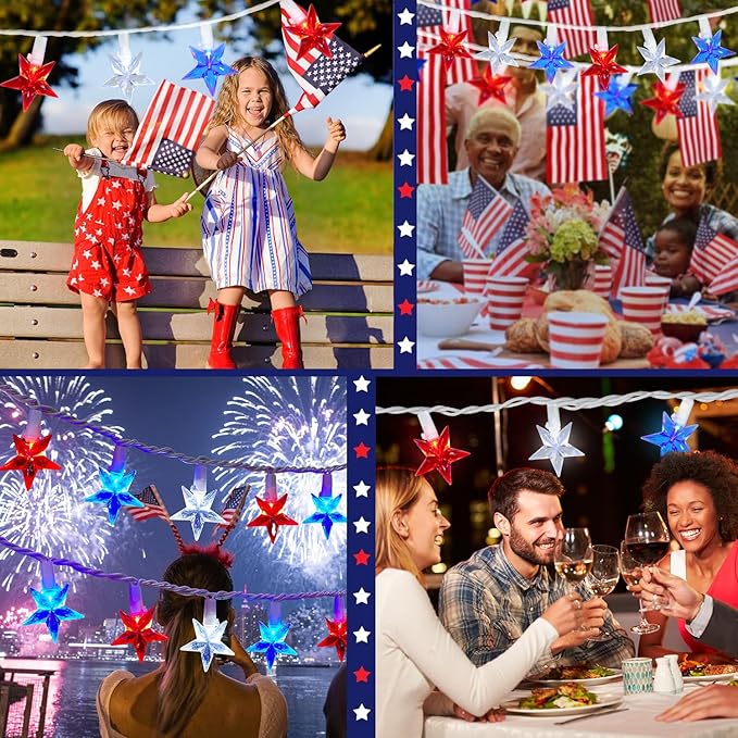 100 LED Red White and Blue Star Lights, 37FT 4th of July Star String Lights Plug in for Home Patio Garden Yard Memorial Day Independence Day Patriotic Decorations Outdoor, White Wire-VerdiqueGarden