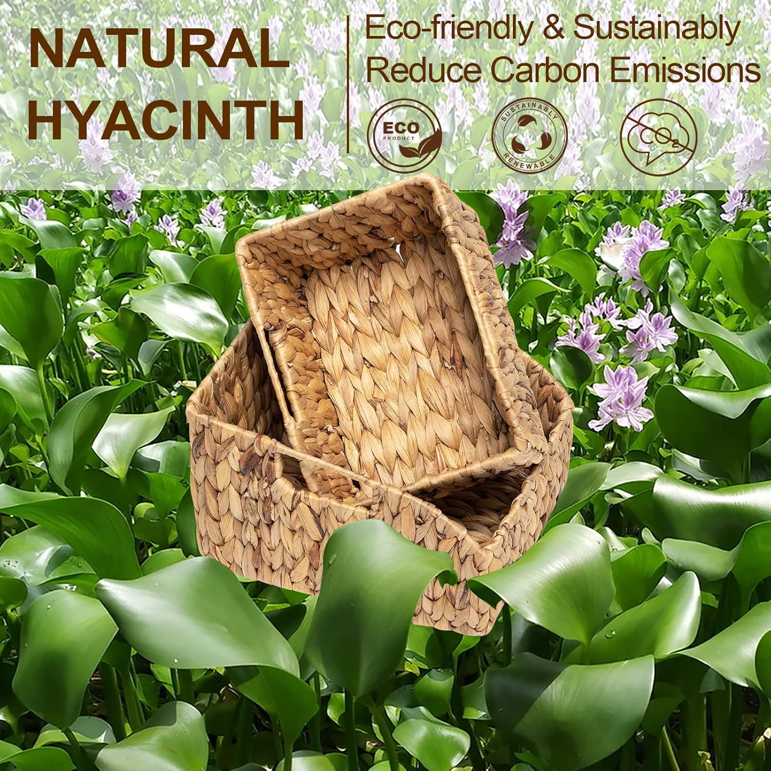 FairyHaus Wicker Baskets 2 Pack, Natural Large Wicker Baskets for Storage, Nesting Hand-woven Water Hyacinth Wicker Baskets for Organizing with Built-in Handles, 9"L x 11"W x 7"H-VerdiqueGarden