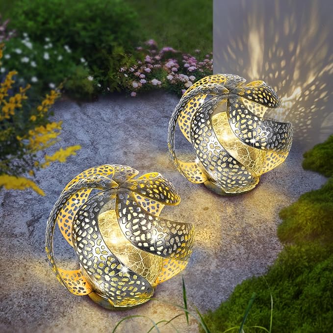 Huaxu Solar Lights Outdoor Garden Decor Waterproof Cracked Glass Globe LED Light Silver Retro Art Metal Retro Design Decorative Yard Patio Lawn Pathway Gift for Mom Women Anniversary Birthday-VerdiqueGarden
