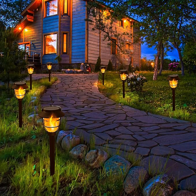 10 Pack Solar Pathway Lights Outdoor - Bright Solar Powered Garden Lights with Flickering Flame, Auto On/Off Waterproof Path Lights Decorative, Landscape Lighting for Yard Patio Walkway Driveway-VerdiqueGarden