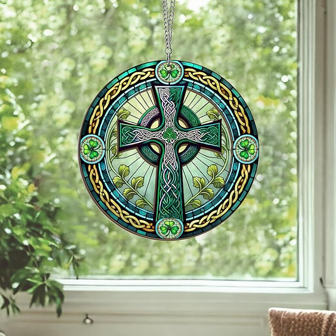 St Patricks Day Decorations - Irish Gifts for Men Women Friends Family, St Patricks Day Accessories, Celtic Cross Home Decor - Double Layered Hanging Suncatcher 12 in-VerdiqueGarden